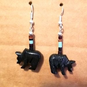 Faux Onyx Bear Fetish Earrings